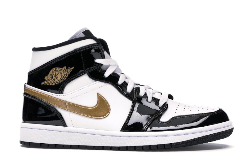 Jordan 1 Mid Patent Black White Gold - image 2
